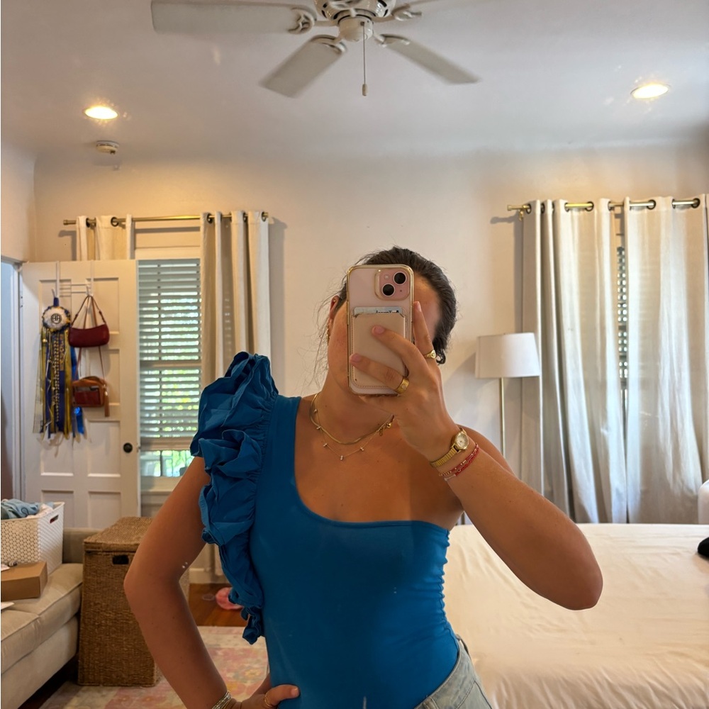 Zara One Shoulder Blue Ruffle Bodysuit - Picture 5 of 5